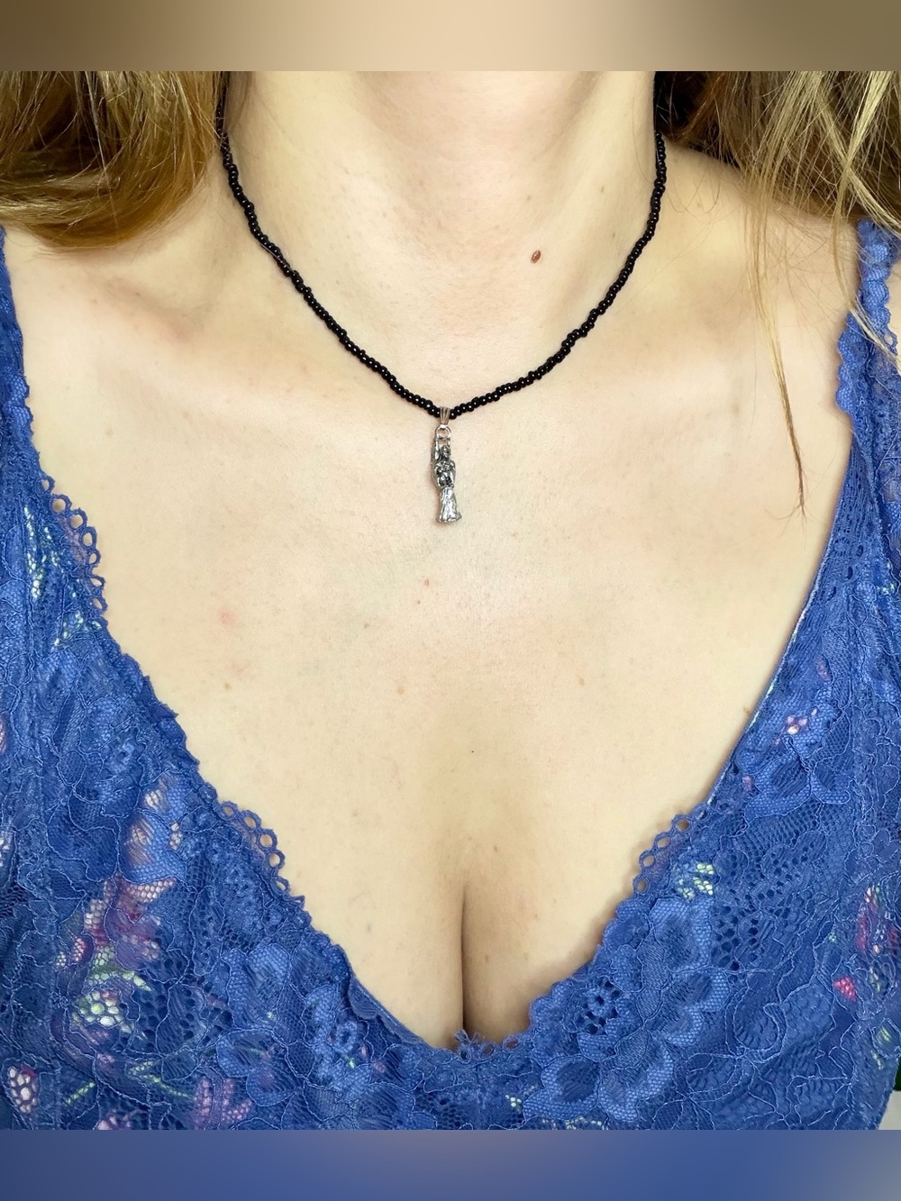 Vintage Silver Angel Pendant Necklace with Black Beaded Chain